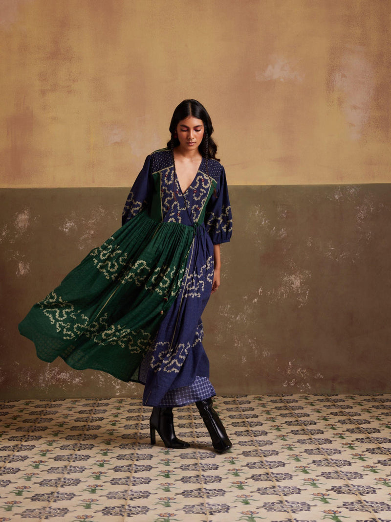 Poem Dress-(Indigo-Emerald Spiral) cotton by CORD for women Worldwide