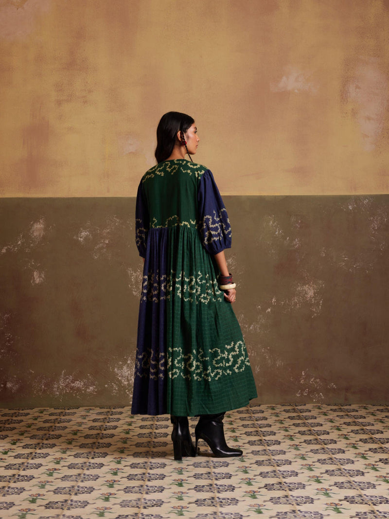 Poem Dress-(Indigo-Emerald Spiral) cotton by CORD for women Worldwide