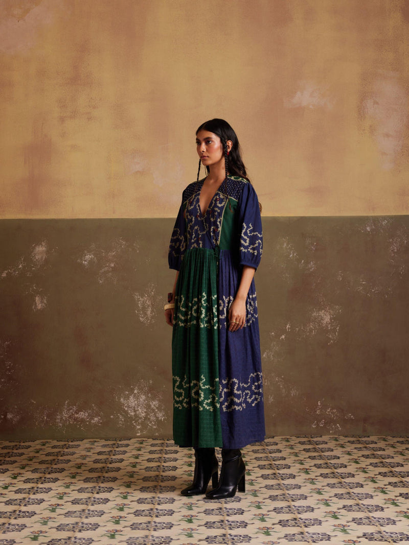 Poem Dress-(Indigo-Emerald Spiral) cotton by CORD for women Worldwide