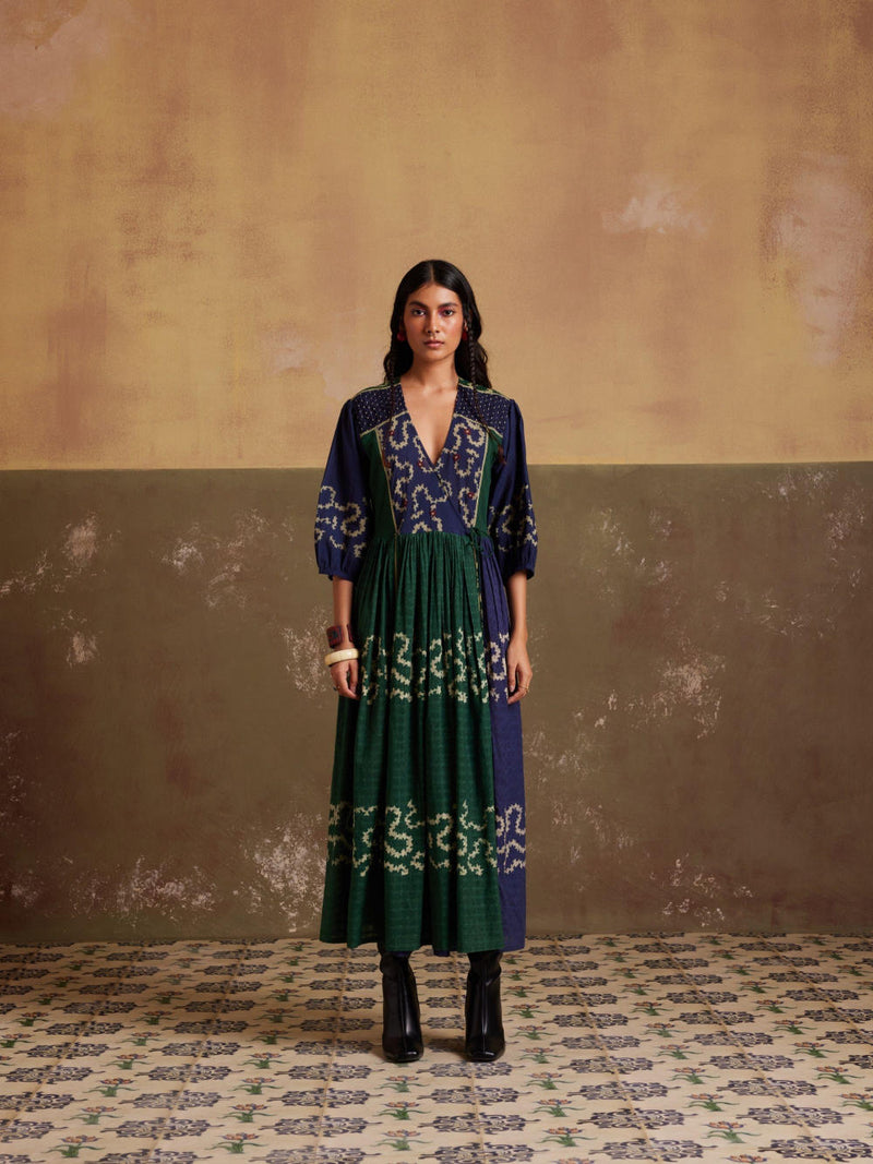 Poem Dress-(Indigo-Emerald Spiral) cotton by CORD for women Worldwide