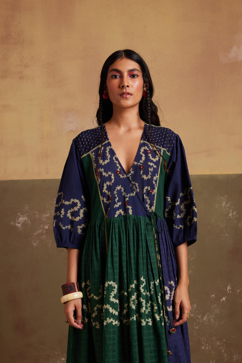 Poem Dress-(Indigo-Emerald Spiral) cotton by CORD for women Worldwide