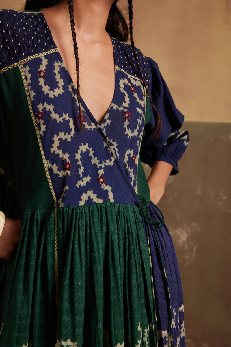 Poem Dress-(Indigo-Emerald Spiral) cotton by CORD for women Worldwide