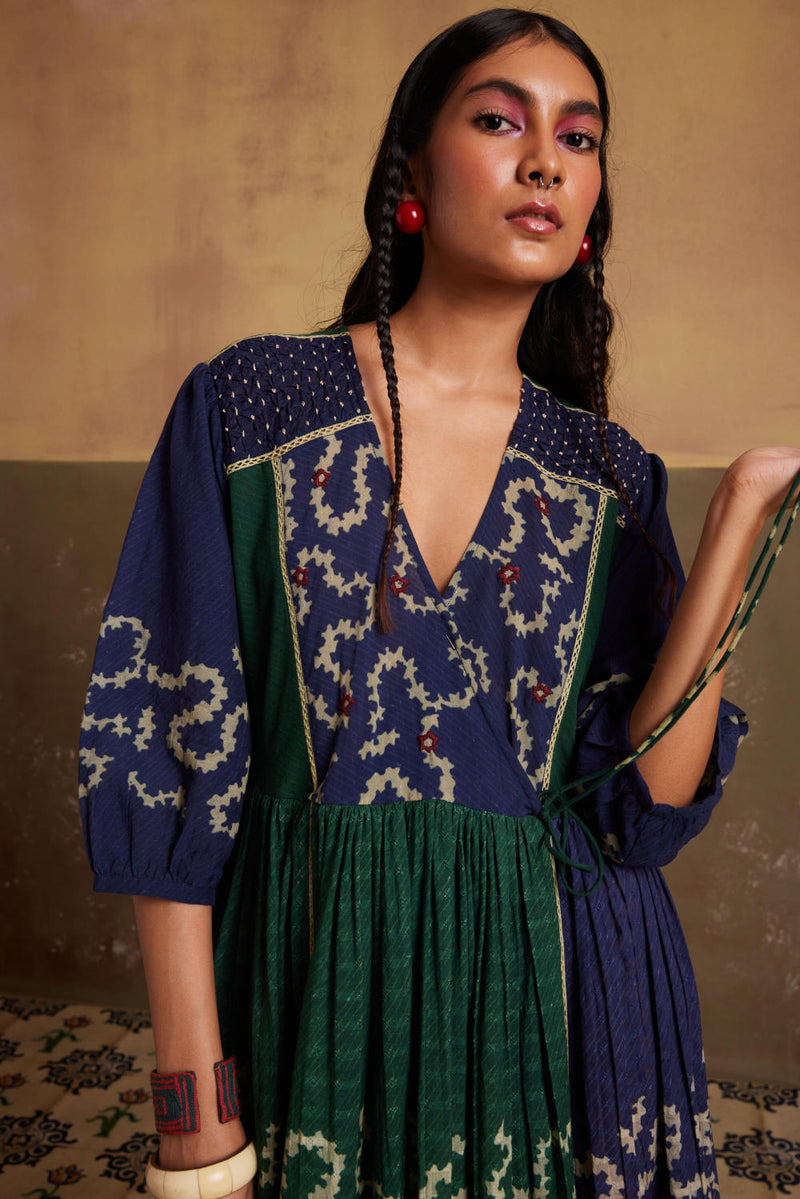 Poem Dress-(Indigo-Emerald Spiral) cotton by CORD for women Worldwide