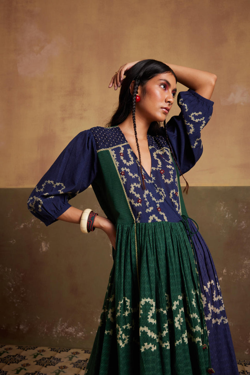 Poem Dress-(Indigo-Emerald Spiral) cotton by CORD for women Worldwide