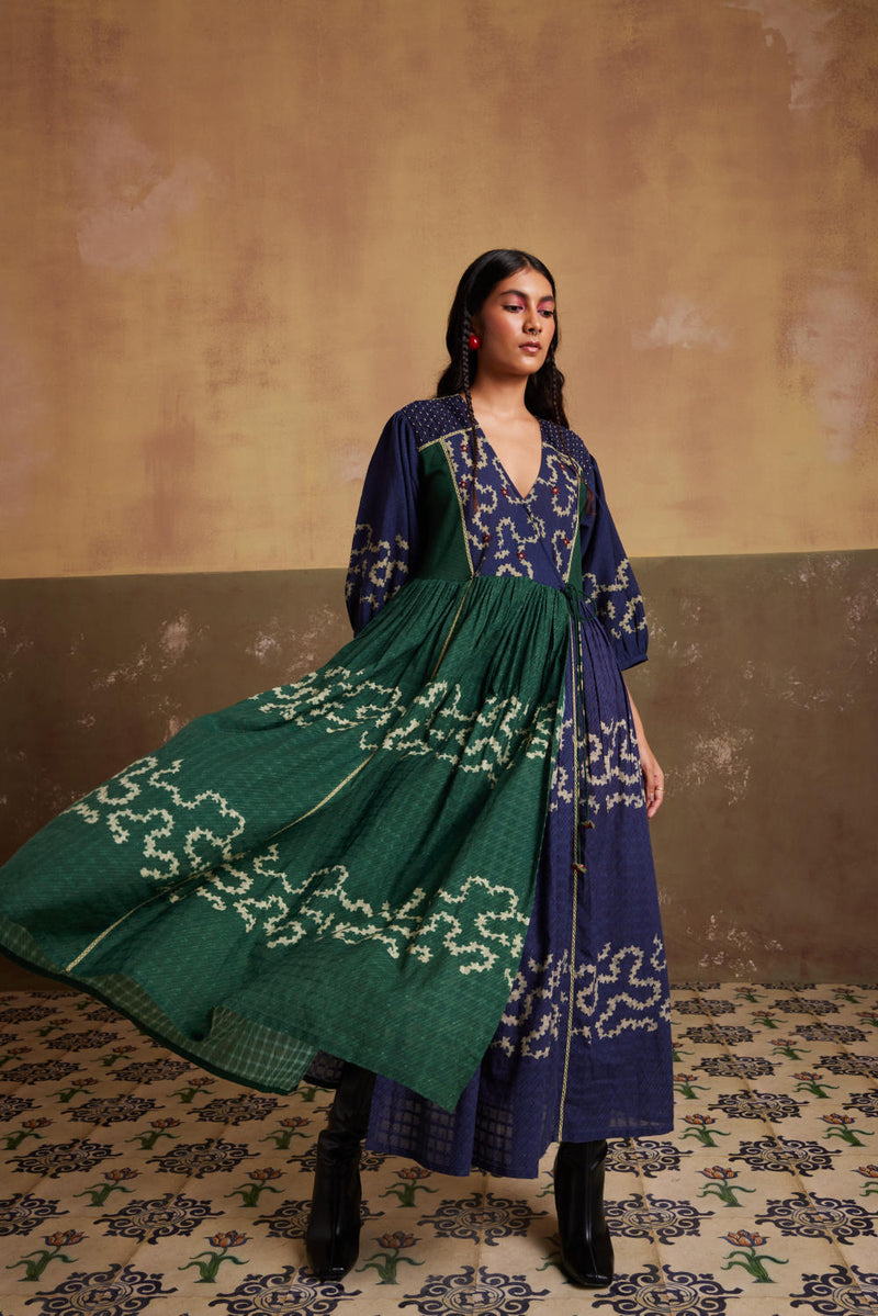 Poem Dress-(Indigo-Emerald Spiral) cotton by CORD for women Worldwide