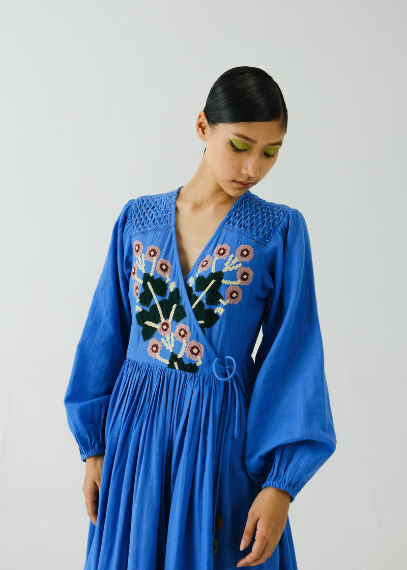 Poem Dress-Electric Blue Pixel Applique cotton by CORD for women Worldwide