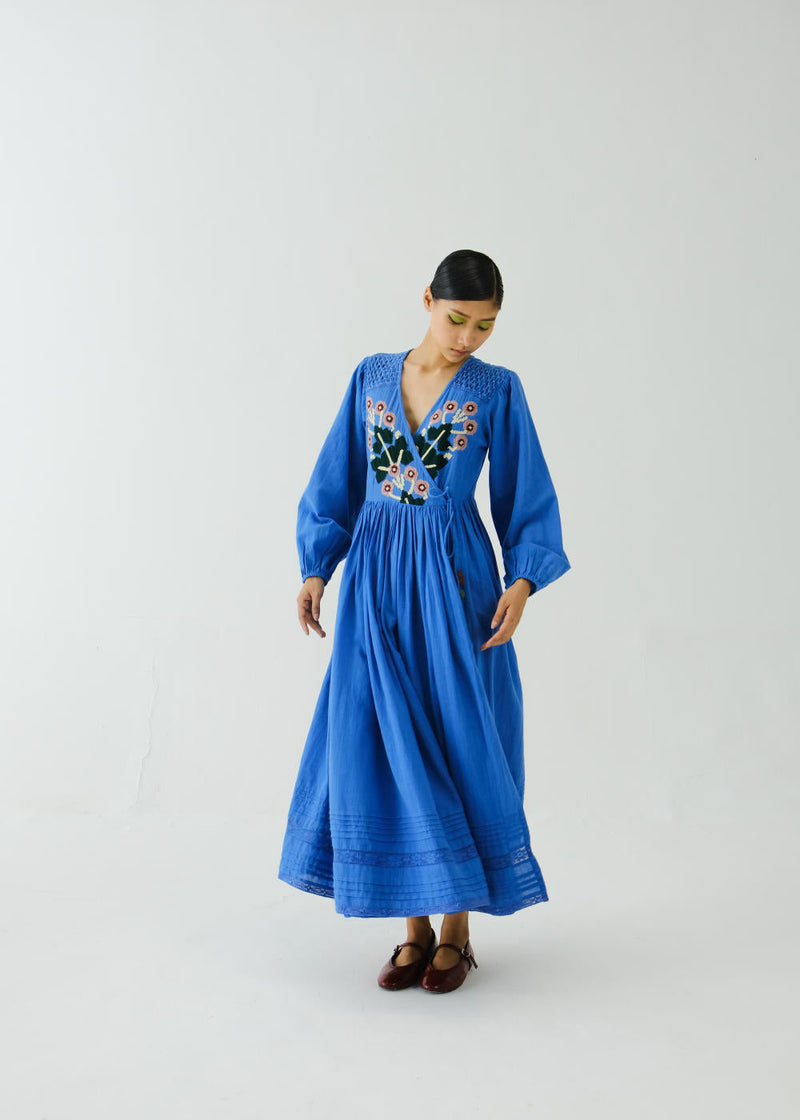 Poem Dress-Electric Blue Pixel Applique cotton by CORD for women Worldwide