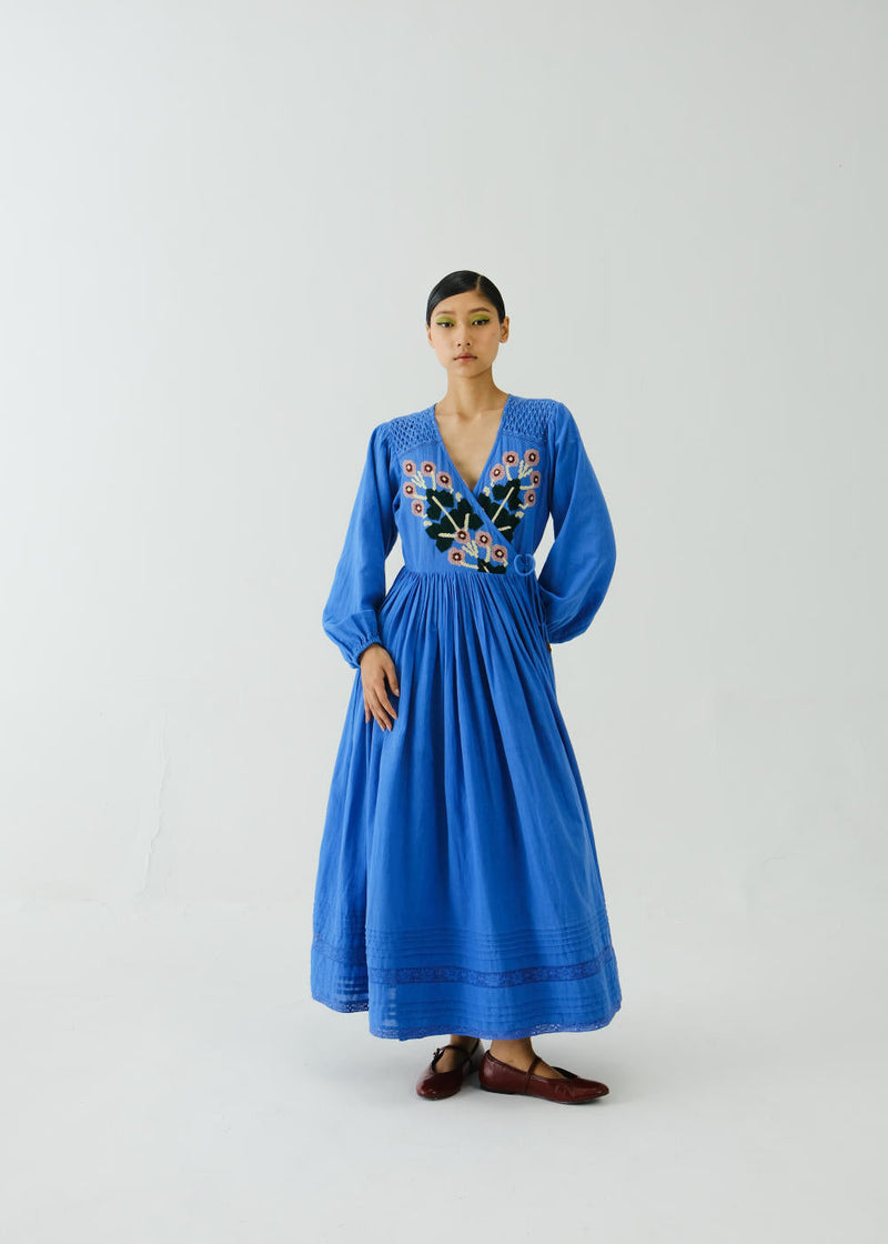 Poem Dress-Electric Blue Pixel Applique cotton by CORD for women Worldwide
