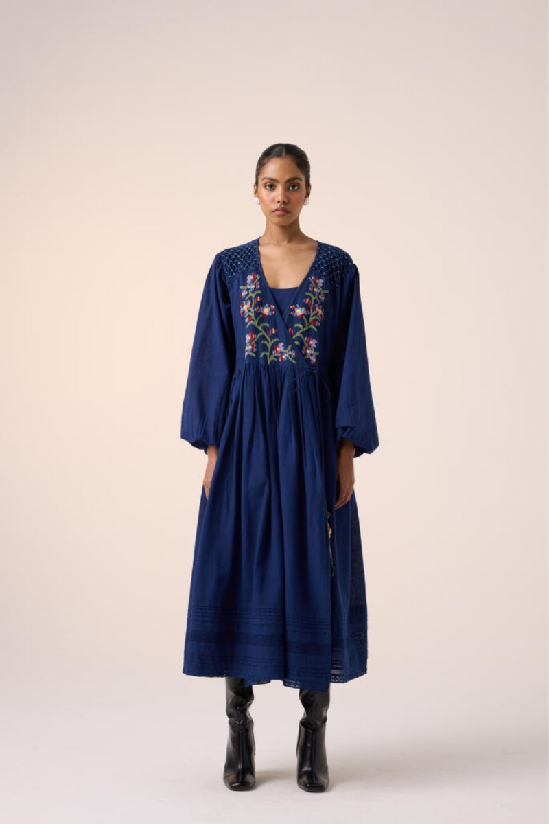 Poem Dress -Blue Pixel Embroidery cotton by CORD in multi for women Worldwide