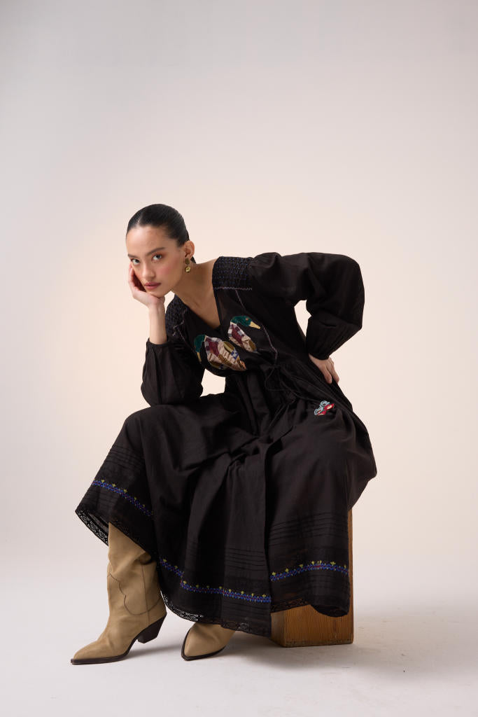 POEM DRESS -BLACK DUCK APPLIQUE cotton by CORD in multi for women Worldwide