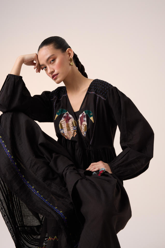 POEM DRESS -BLACK DUCK APPLIQUE cotton by CORD in multi for women Worldwide