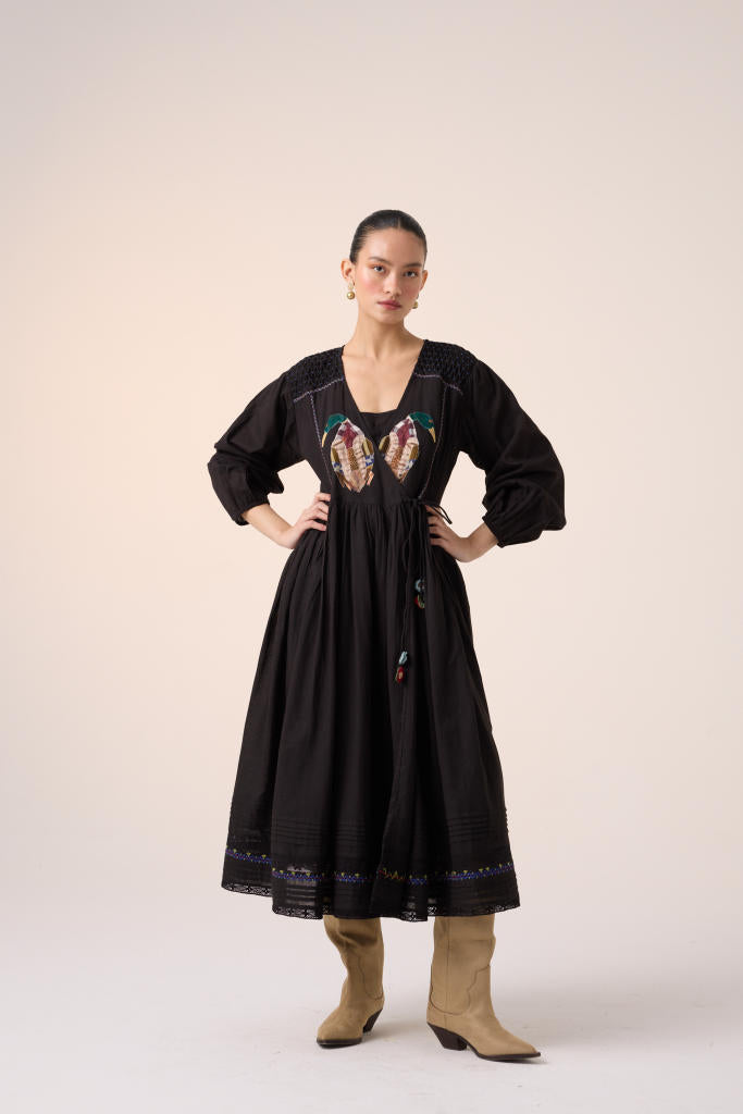 POEM DRESS -BLACK DUCK APPLIQUE cotton by CORD in multi for women Worldwide