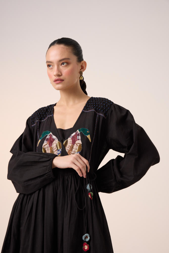 POEM DRESS -BLACK DUCK APPLIQUE cotton by CORD in multi for women Worldwide