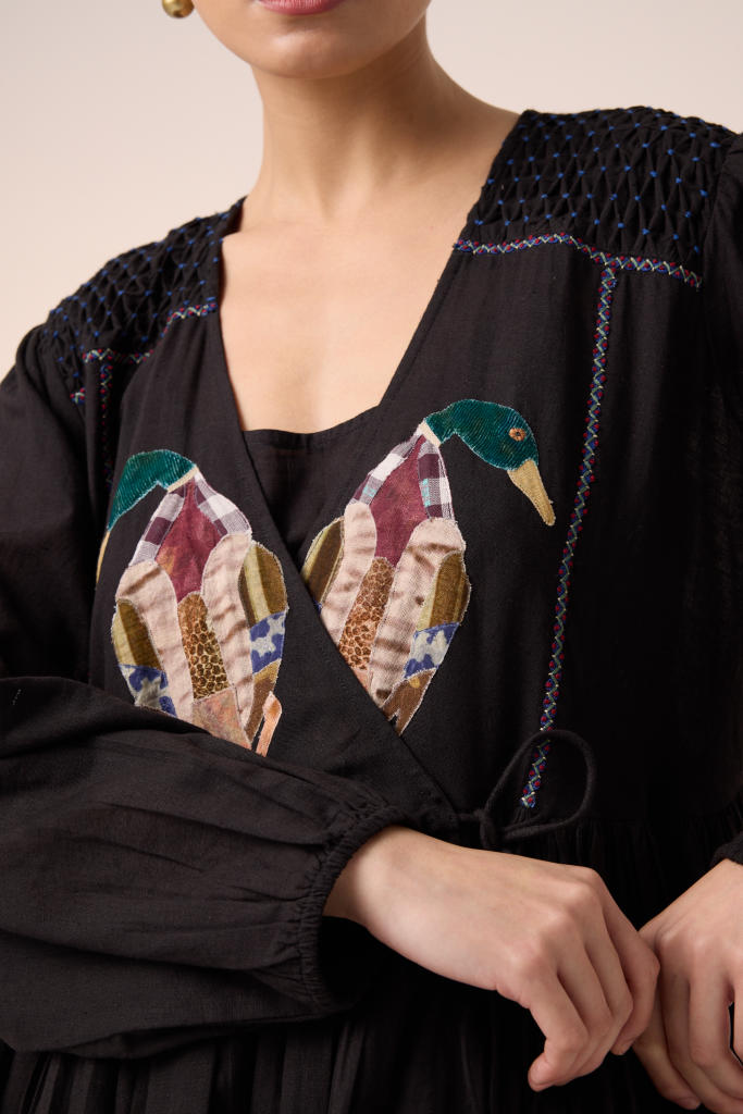 POEM DRESS -BLACK DUCK APPLIQUE cotton by CORD in multi for women Worldwide