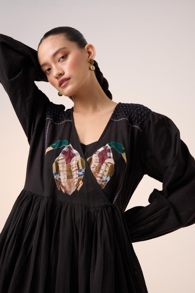 POEM DRESS -BLACK DUCK APPLIQUE cotton by CORD in multi for women Worldwide