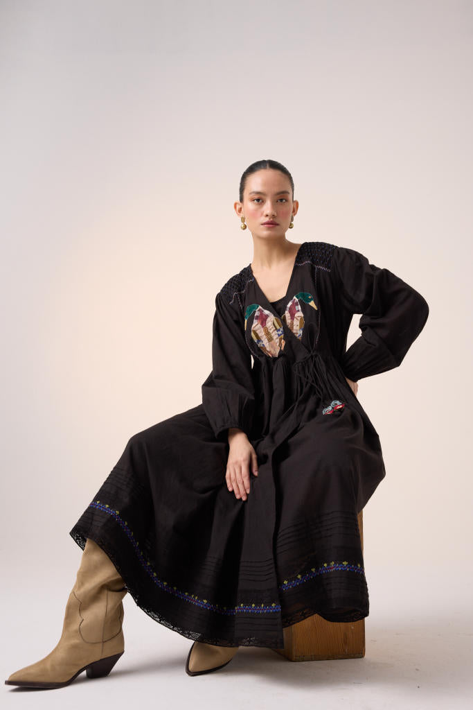 POEM DRESS -BLACK DUCK APPLIQUE cotton by CORD in multi for women Worldwide