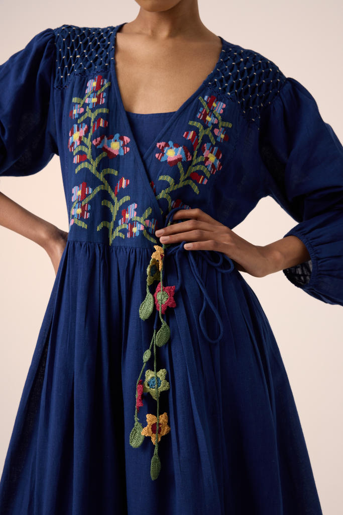Poem Dress -Blue Pixel Embroidery cotton by CORD in multi for women Worldwide