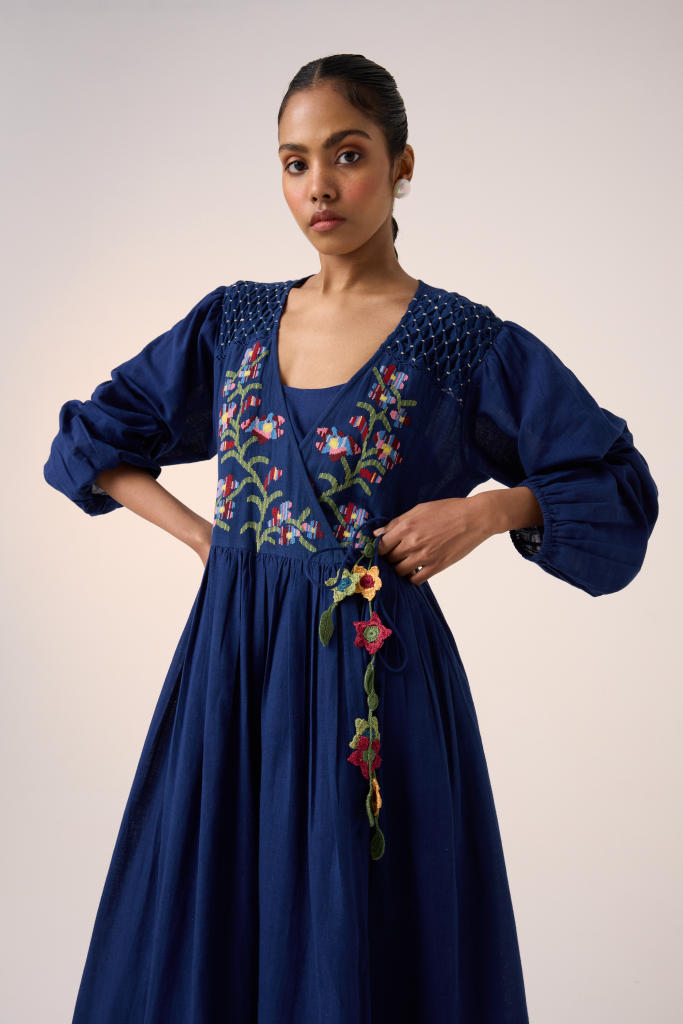 Poem Dress -Blue Pixel Embroidery cotton by CORD in multi for women Worldwide