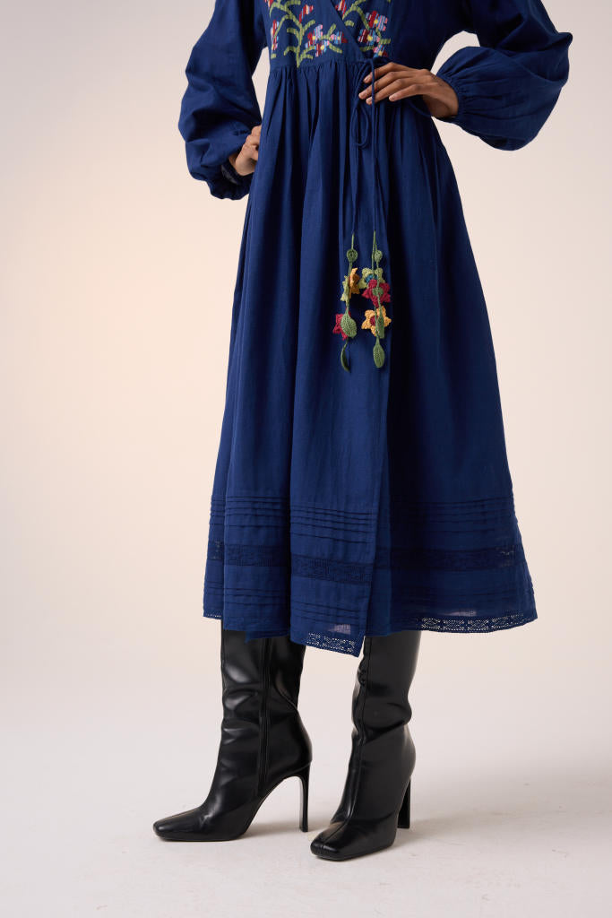 Poem Dress -Blue Pixel Embroidery cotton by CORD in multi for women Worldwide