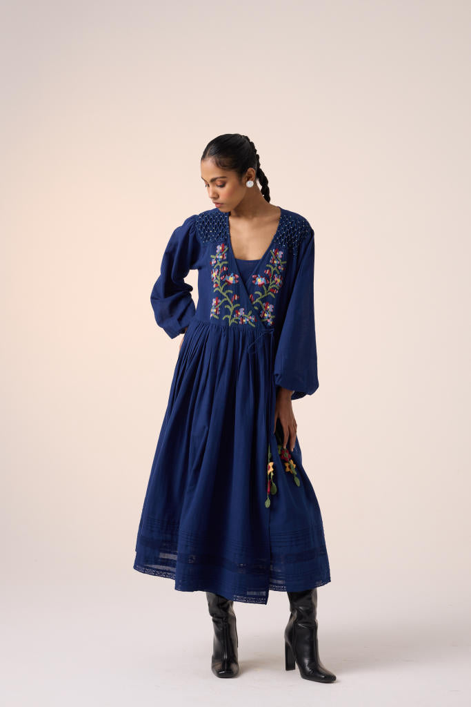Poem Dress -Blue Pixel Embroidery cotton by CORD in multi for women Worldwide