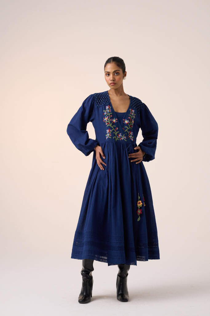 Poem Dress -Blue Pixel Embroidery cotton by CORD in multi for women Worldwide