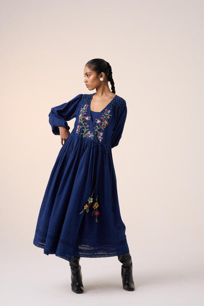 Poem Dress -Blue Pixel Embroidery