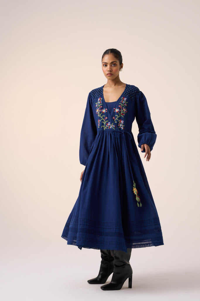 Poem Dress -Blue Pixel Embroidery cotton by CORD in multi for women Worldwide