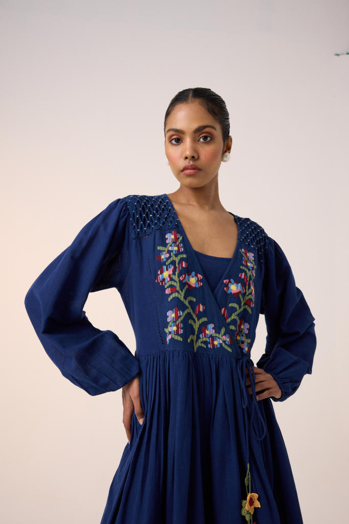 Poem Dress -Blue Pixel Embroidery cotton by CORD in multi for women Worldwide