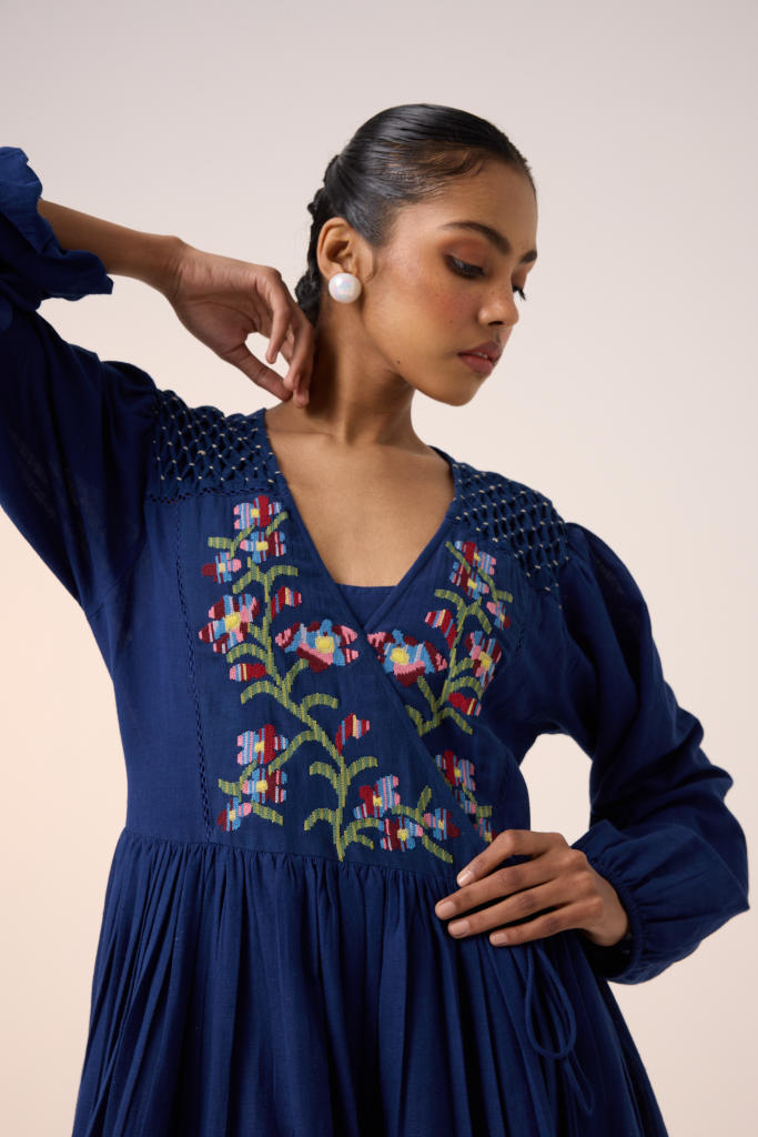 Poem Dress -Blue Pixel Embroidery cotton by CORD in multi for women Worldwide