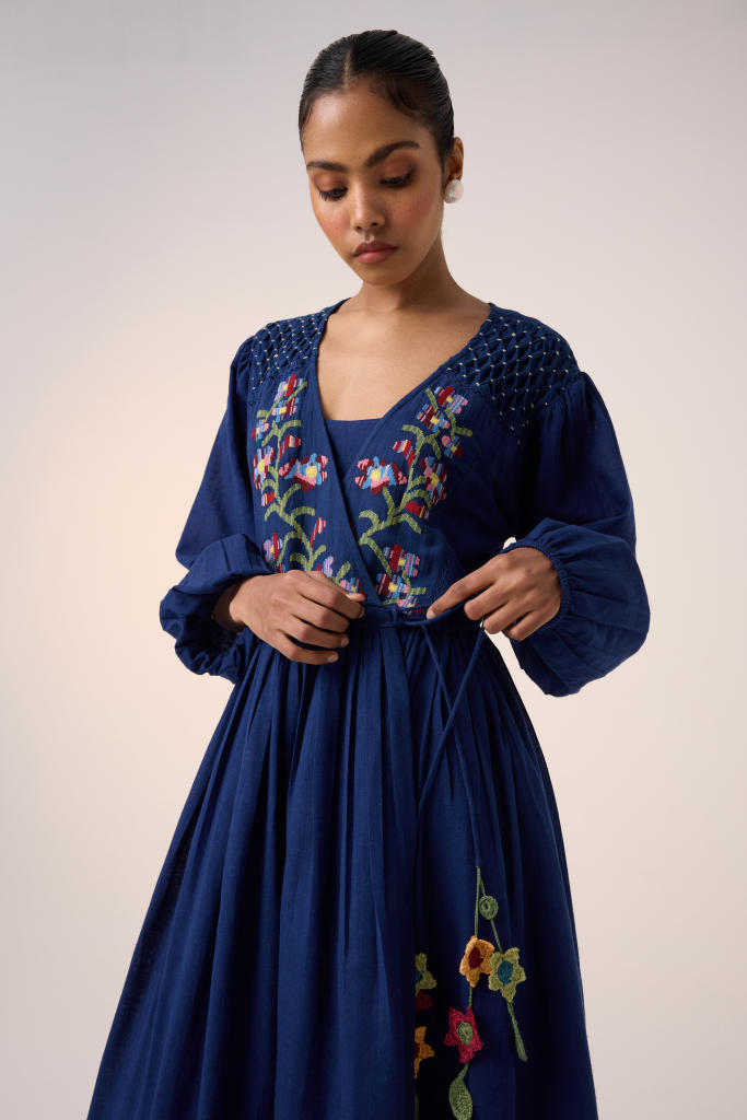 Poem Dress -Blue Pixel Embroidery cotton by CORD in multi for women Worldwide