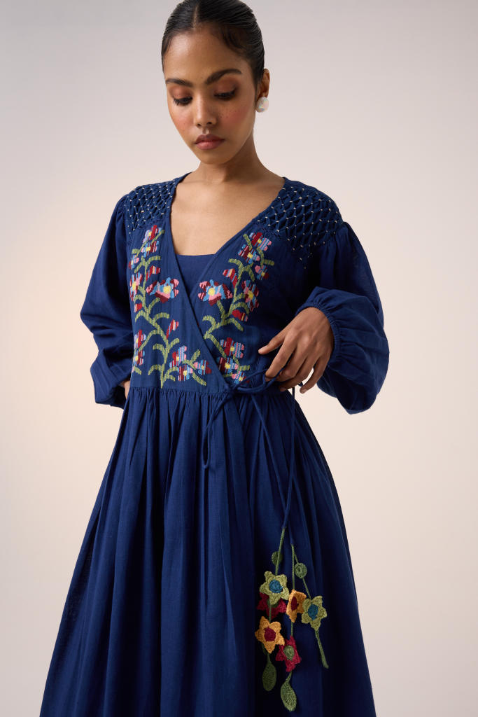 Poem Dress -Blue Pixel Embroidery cotton by CORD in multi for women Worldwide