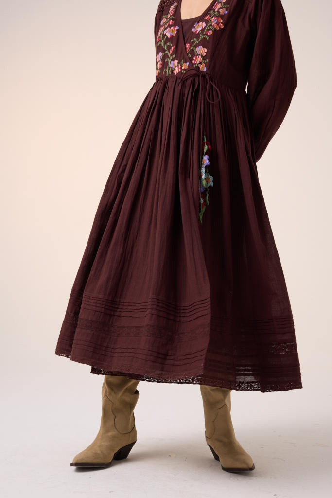 POEM DRESS -MAROON PIXEL EMBROIDERY