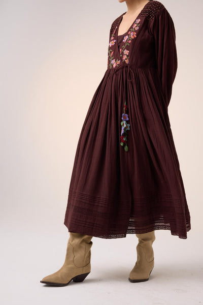 POEM DRESS -MAROON PIXEL EMBROIDERY