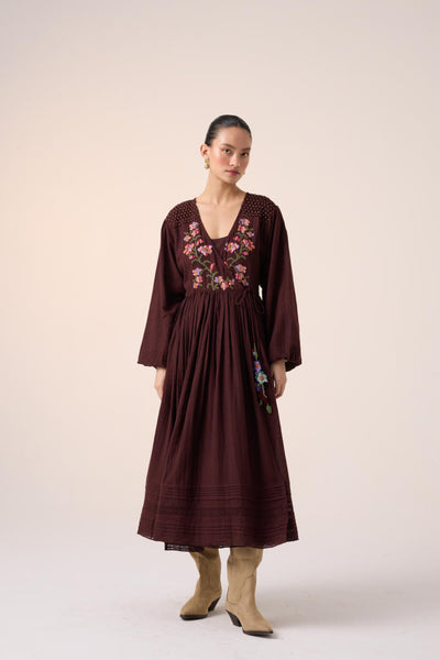 POEM DRESS -MAROON PIXEL EMBROIDERY