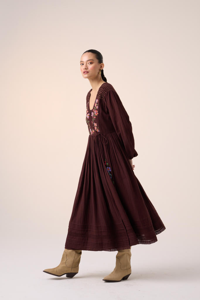 POEM DRESS -MAROON PIXEL EMBROIDERY