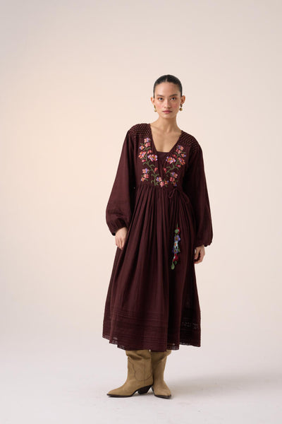 POEM DRESS -MAROON PIXEL EMBROIDERY