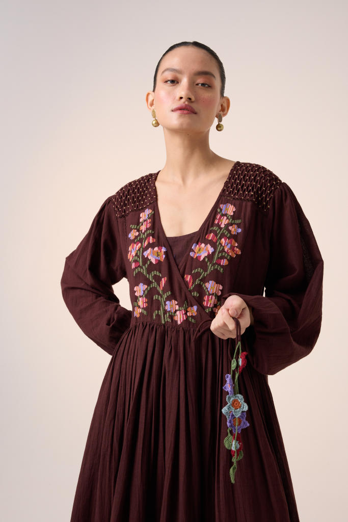 POEM DRESS -MAROON PIXEL EMBROIDERY