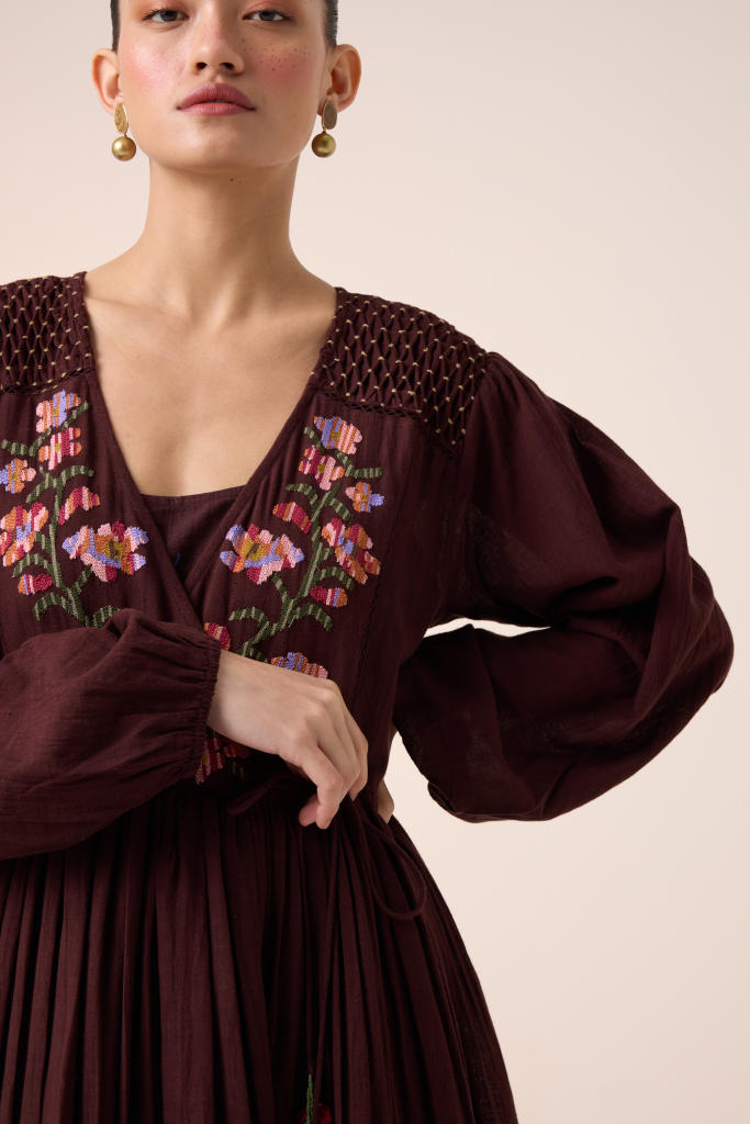 POEM DRESS -MAROON PIXEL EMBROIDERY