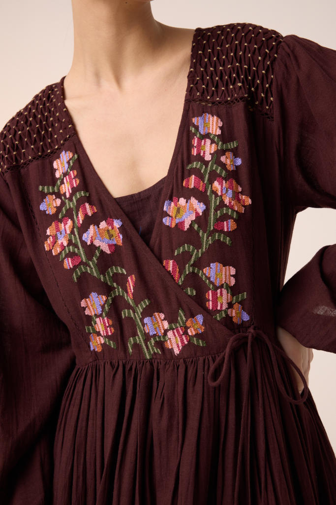 POEM DRESS -MAROON PIXEL EMBROIDERY