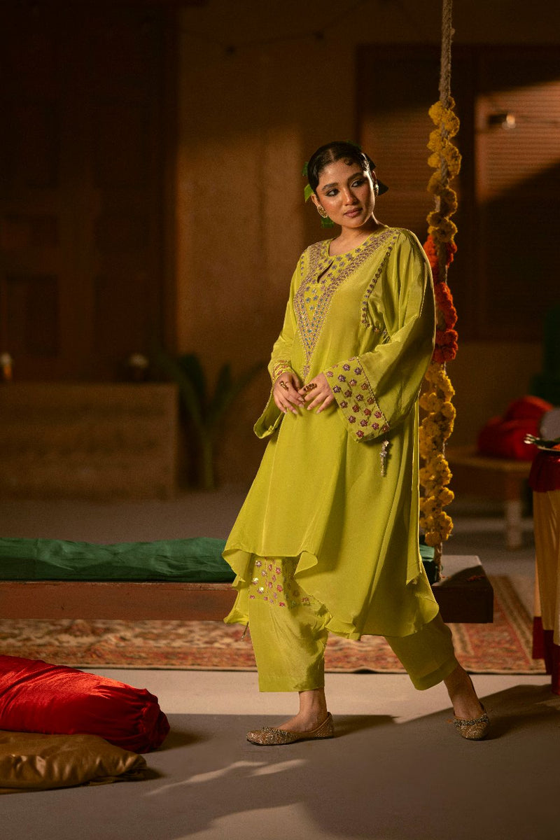 Veere Asymmetrical Choga with Salwar- Sublime Neon silk by PRAHNAAYA in neon color for women Worldwide