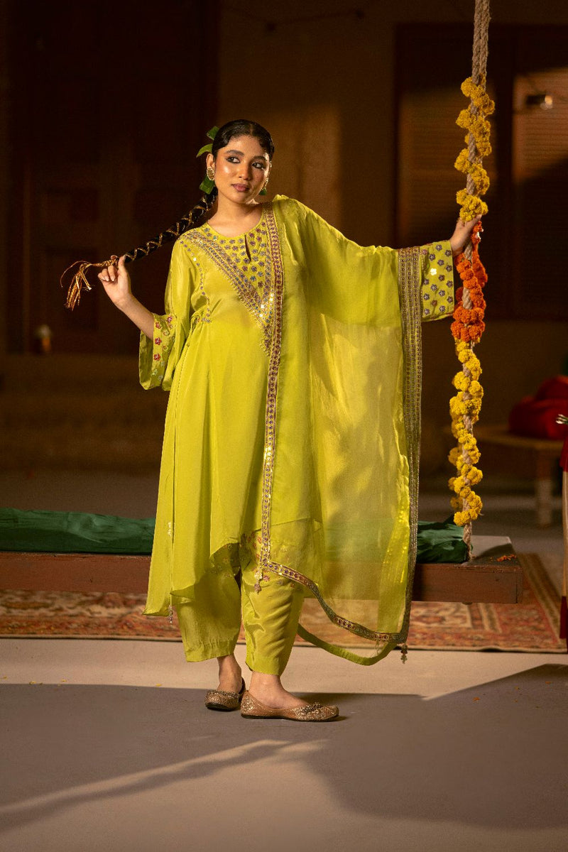 Veere Asymmetrical Choga with Salwar & Dupatta- Sublime Neon silk by PRAHNAAYA in neon color for women Worldwide