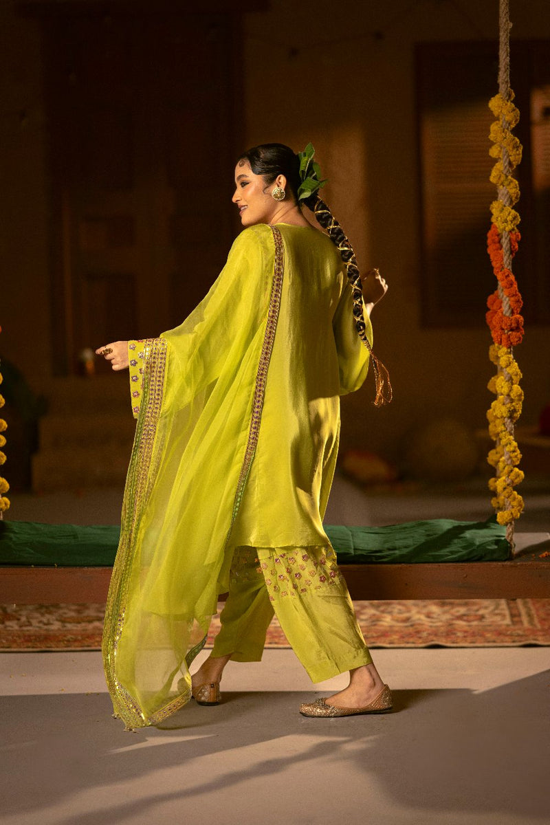 Veere Asymmetrical Choga with Salwar & Dupatta- Sublime Neon silk by PRAHNAAYA in neon color for women Worldwide