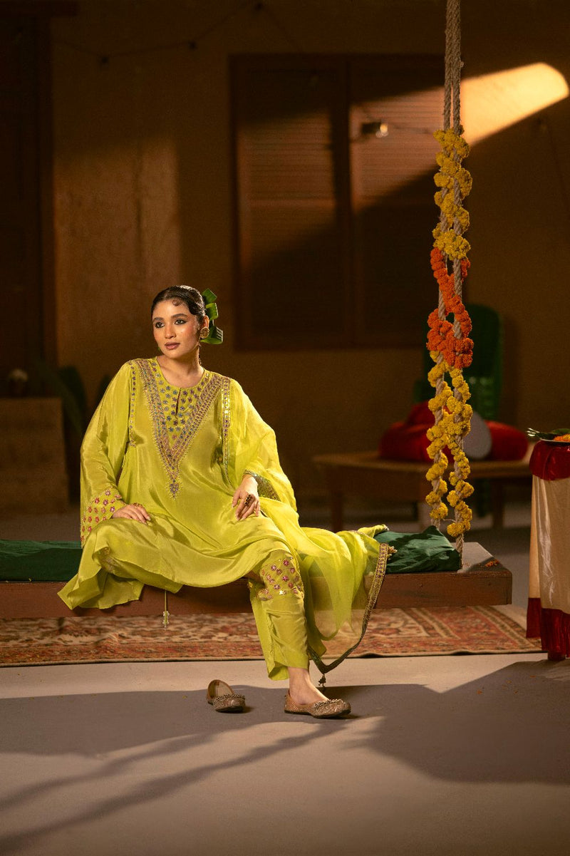Veere Asymmetrical Choga with Salwar & Dupatta- Sublime Neon silk by PRAHNAAYA in neon color for women Worldwide