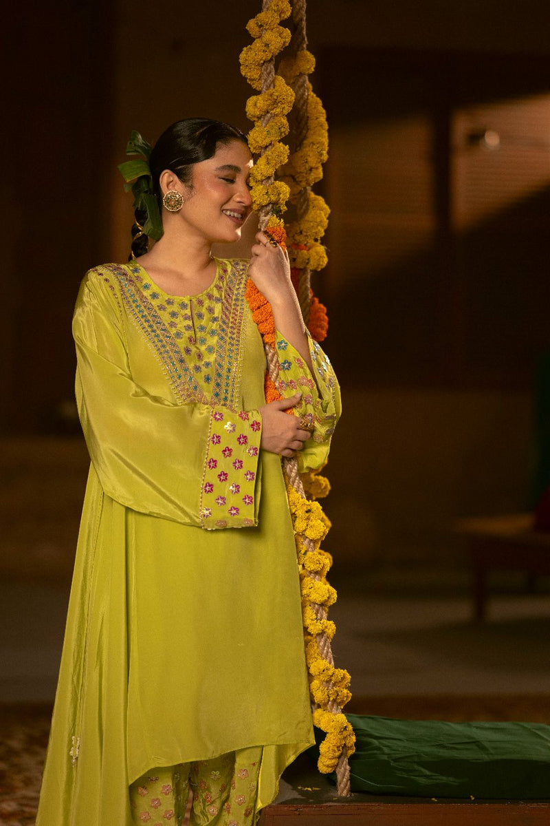 Veere Asymmetrical Choga with Salwar & Dupatta- Sublime Neon silk by PRAHNAAYA in neon color for women Worldwide