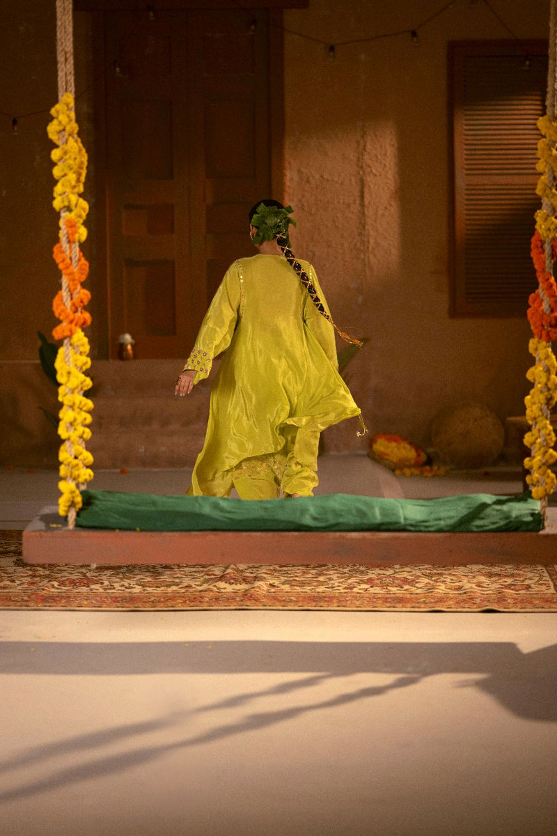 Veere Asymmetrical Choga with Salwar & Dupatta- Sublime Neon silk by PRAHNAAYA in neon color for women Worldwide