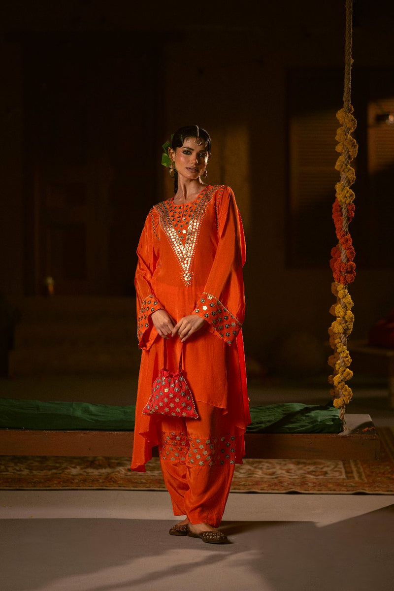 Mangala Asymmetrical Choga with Salwar- Orange silk by PRAHNAAYA in orange color for women Worldwide