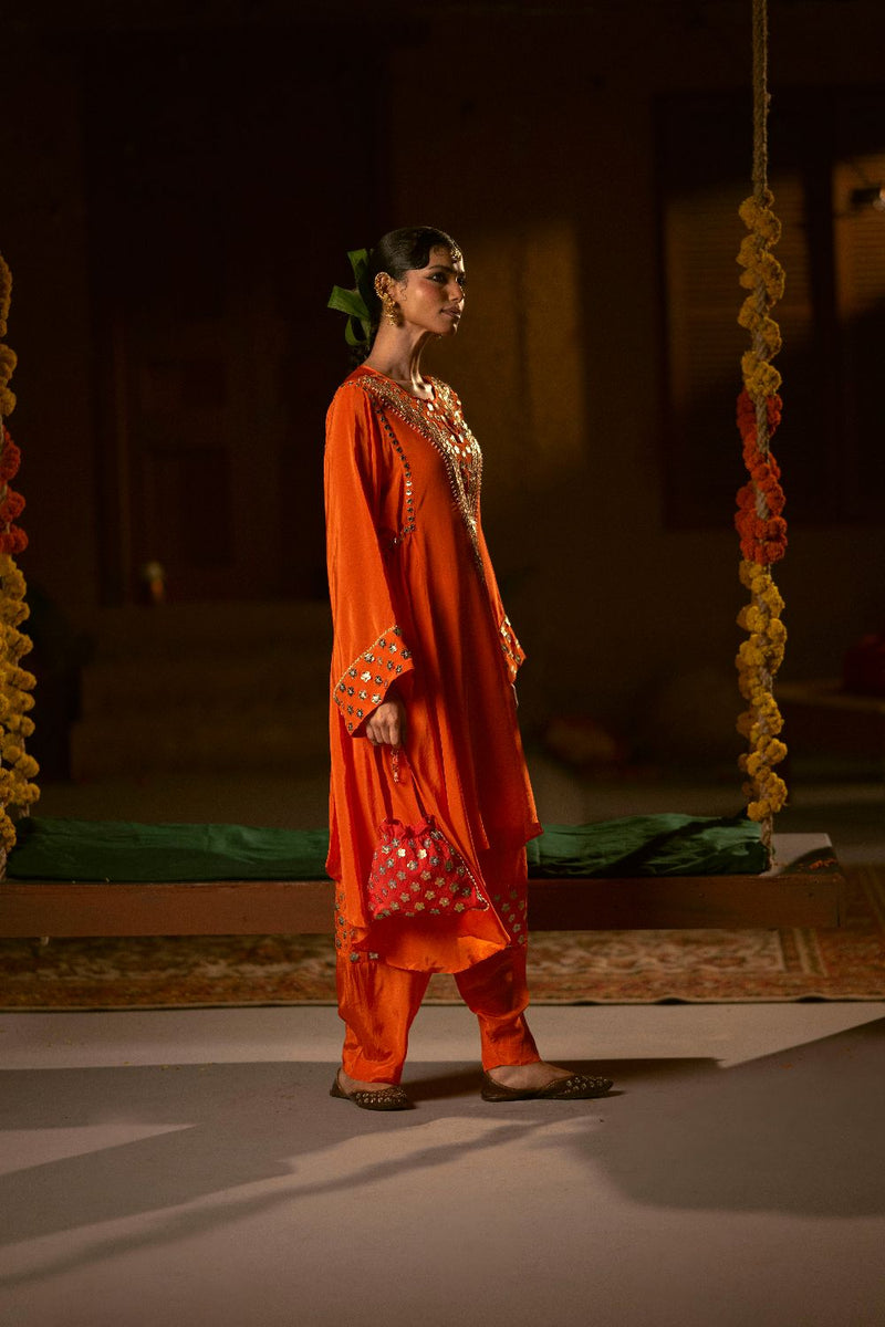 Mangala Asymmetrical Choga with Salwar- Orange silk by PRAHNAAYA in orange color for women Worldwide