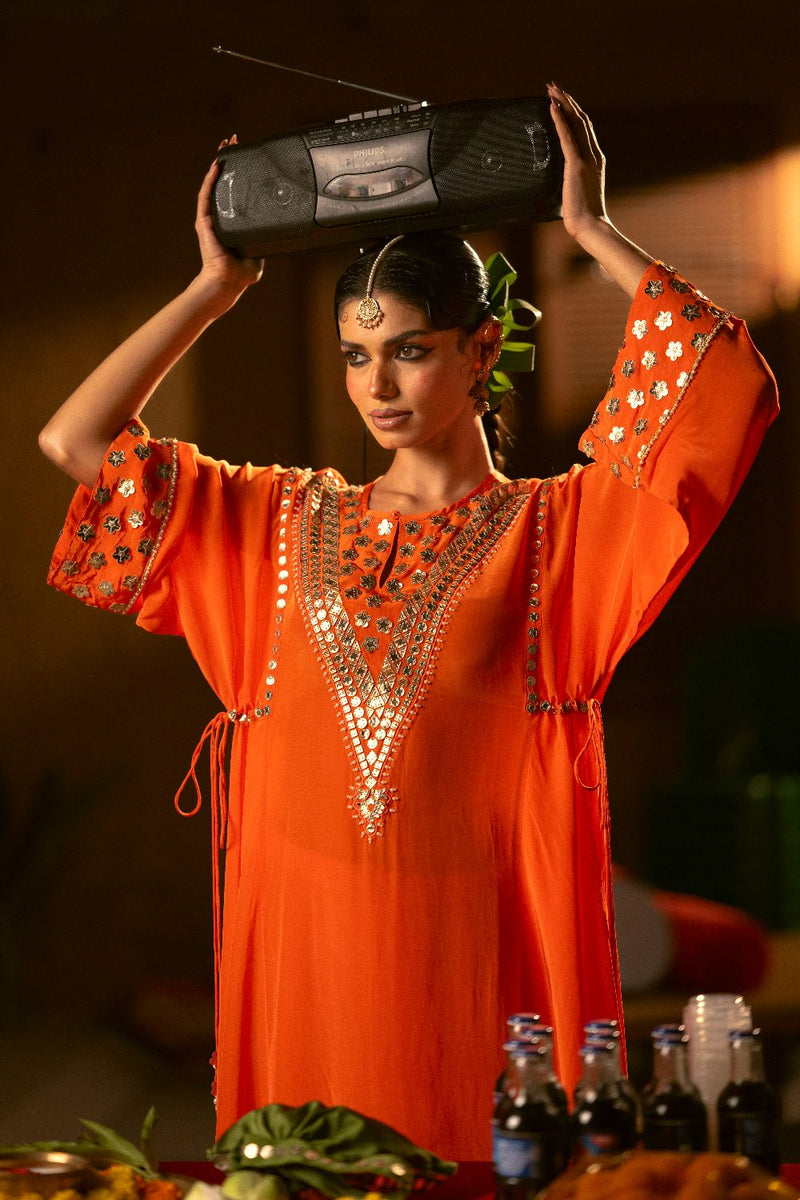Mangala Asymmetrical Choga with Salwar- Orange silk by PRAHNAAYA in orange color for women Worldwide