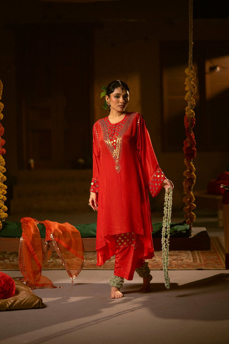 Ramani Asymmetrical Choga with Salwar- Red silk by PRAHNAAYA in red color for women Worldwide