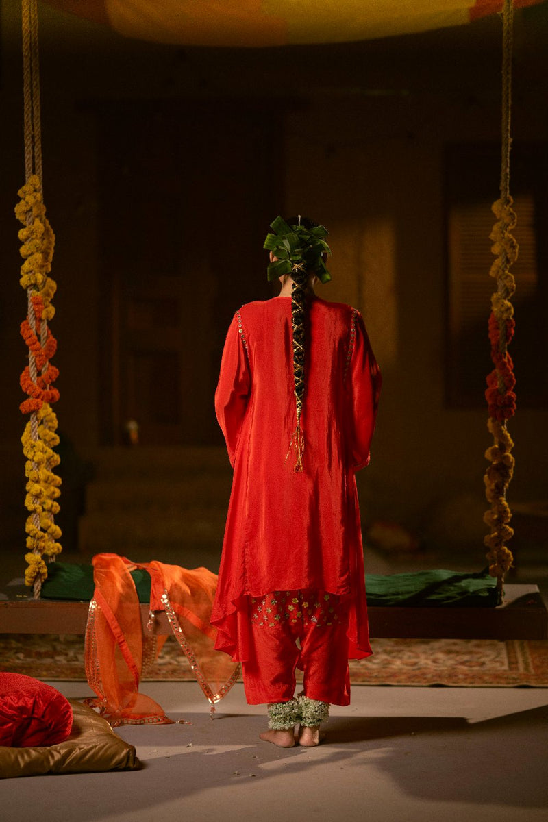 Ramani Asymmetrical Choga with Salwar- Red silk by PRAHNAAYA in red color for women Worldwide